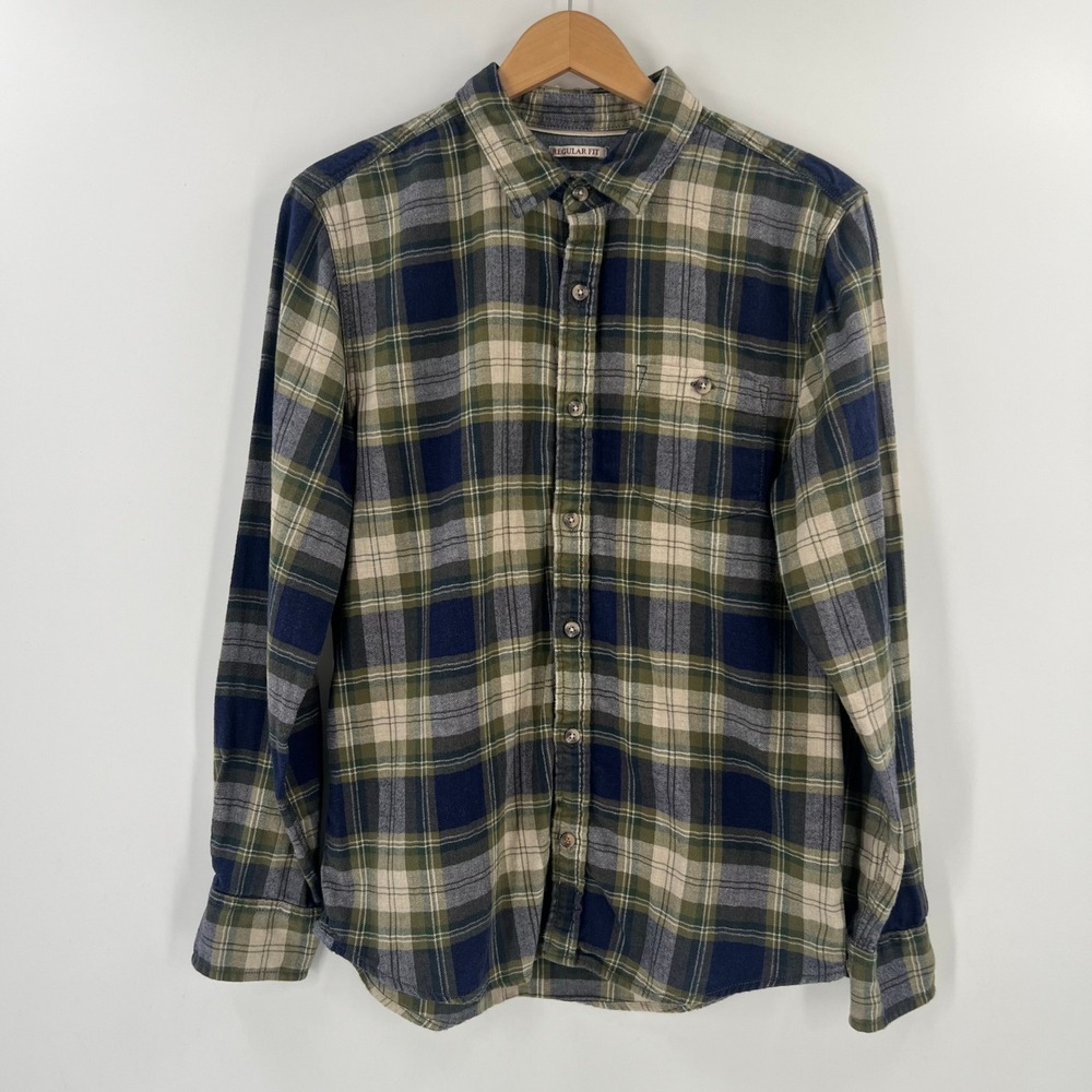 Fat Face‎ Mens Regular Fit Plaid Flannel Button Down Shirt Green Blue Medium